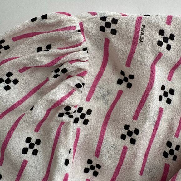 Prada Short-Sleeve Pleated Dress Knee-Length White Pink Striped Print 40 (US 4) - Picture 11 of 16